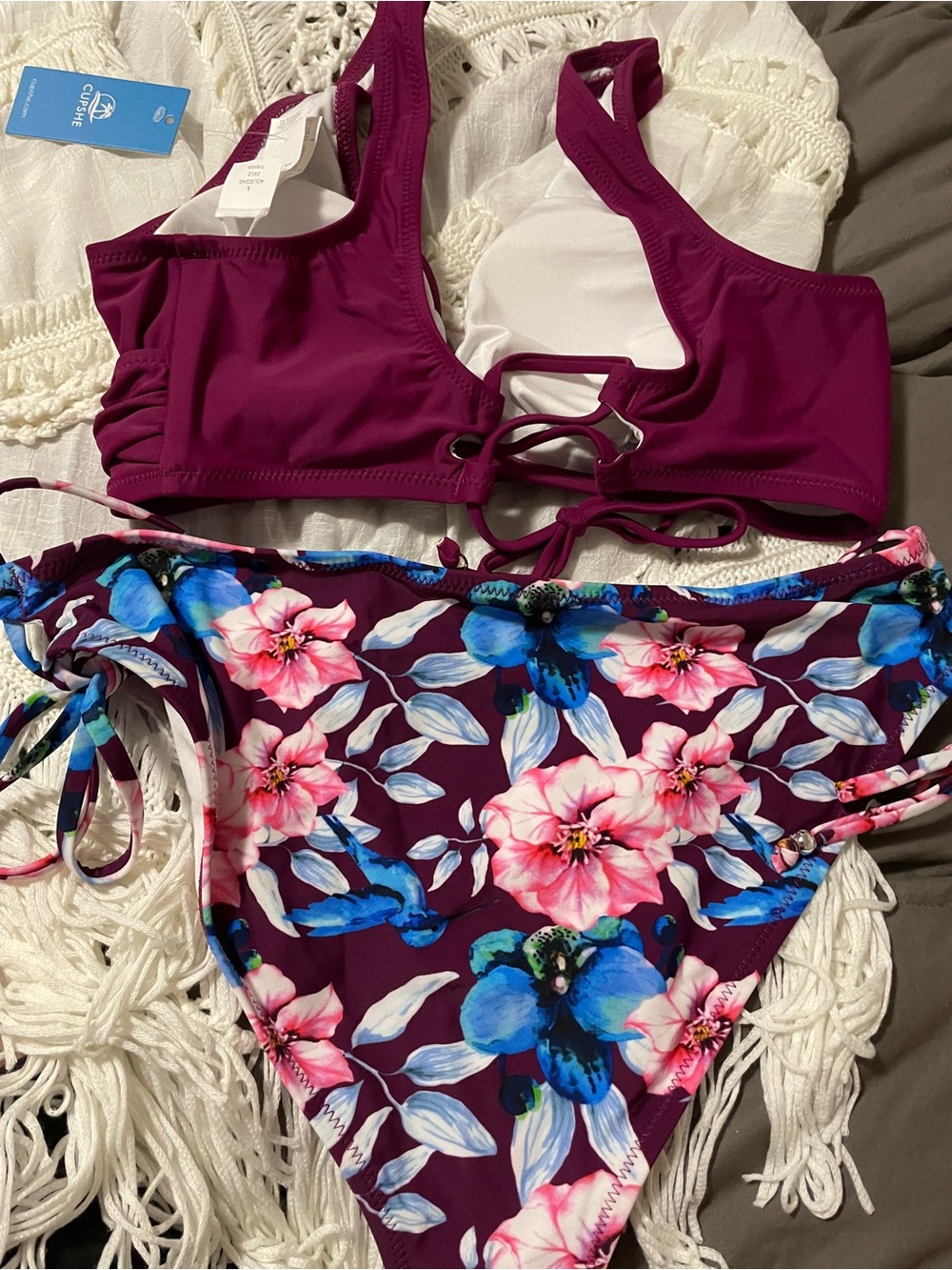 New w/tags Cupshe 2 pc swim bathing suit size L fringe crocheted cover-up womens - Picture 4 of 11
